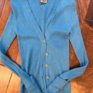 Tory Burch Turquoise Ribbed V-Neck Button Cardigan